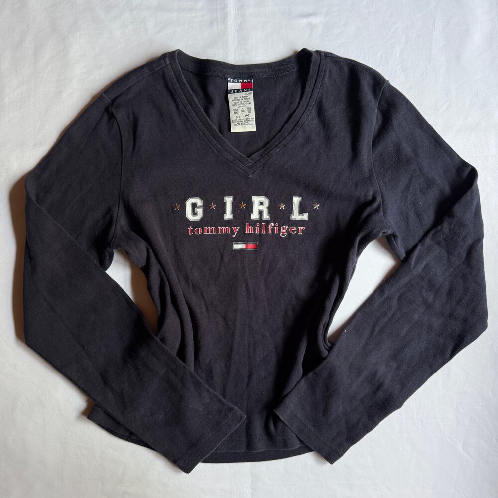 Vintage Y2K Tommy Hilfiger Girl Navy Graphic Baby Tee Fitted Long Sleeve Sz XL